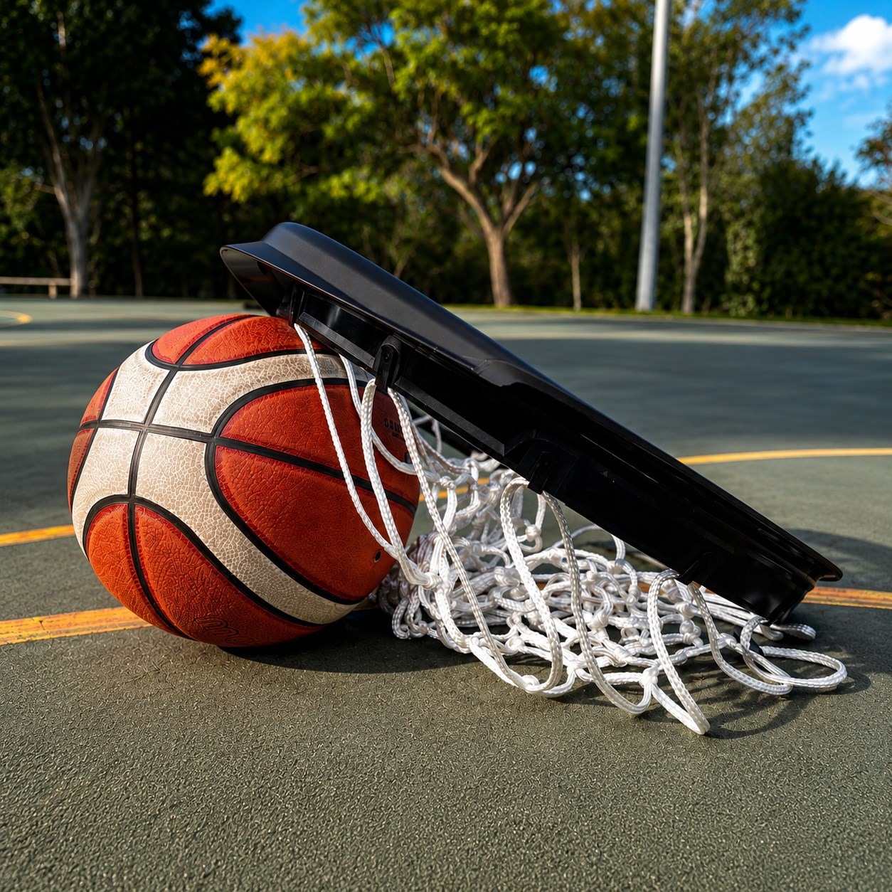 BallerBase net and basketball on an outdoor court
